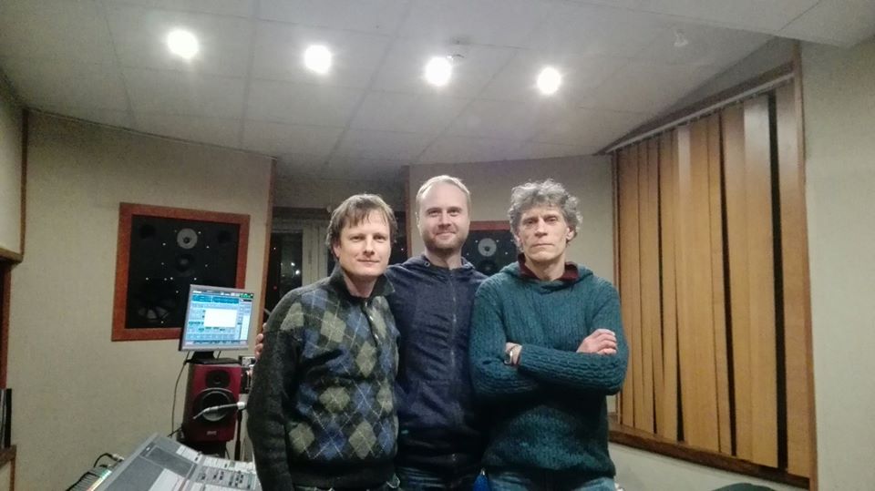 The final music mixing day with Titas Petrikis (Left), Arunas Zujus (Centre), and Audrius Juzenas (Right)